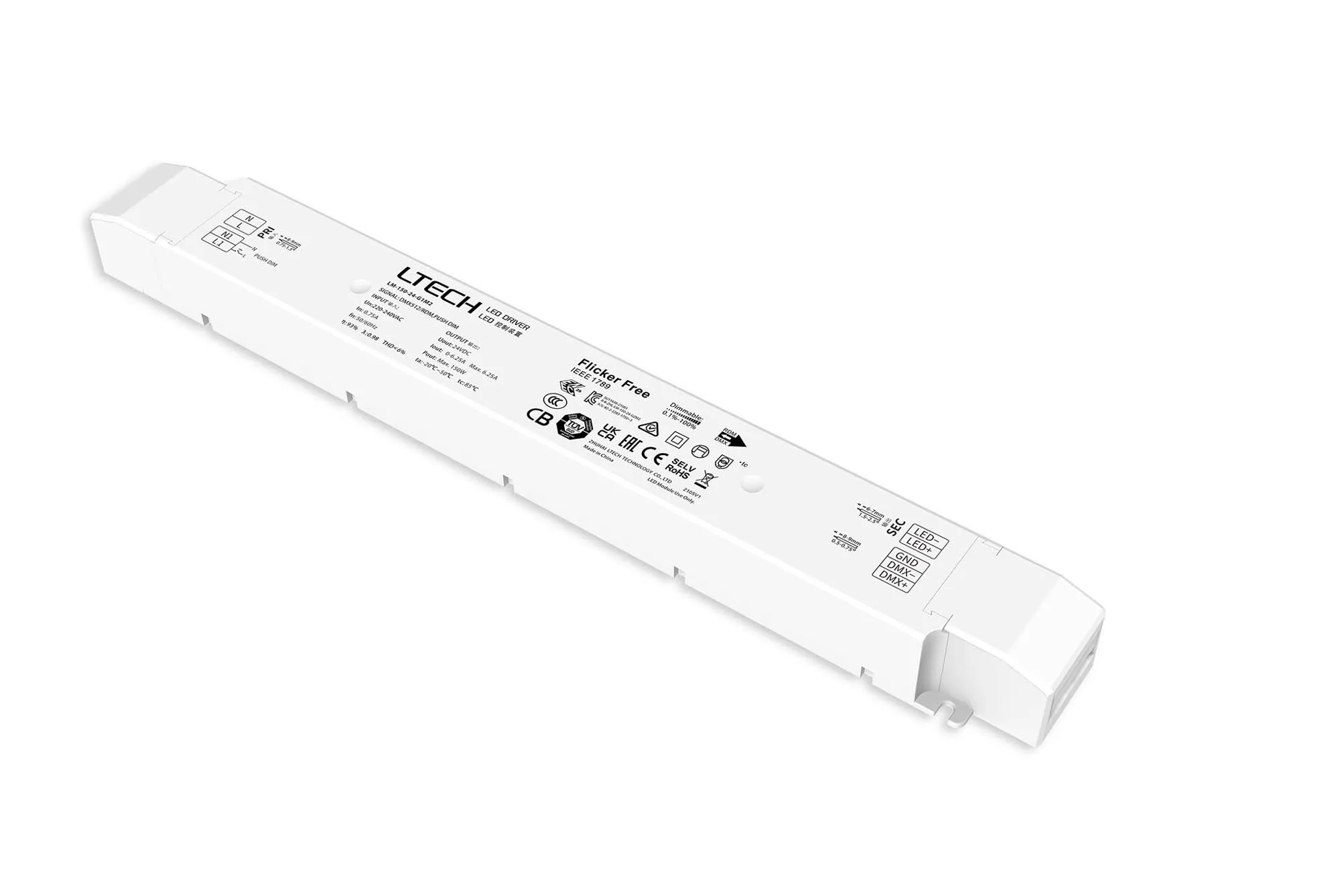 DMX512/RDM/Push DIM, 0-100% Dim, CV 150W, 24Vdc 6.25A, 200-240Vac, IP20, 5yrs Warranty.